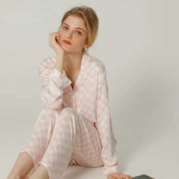 2021 m. Pavasarį ilgomis rankovėmis Kelnės Kostiumas Satino Kvėpuojantis Pižama Moterų Viskozė Pledas Sleepwear Ponios Plonas Namų Drabužių Gabalas 2