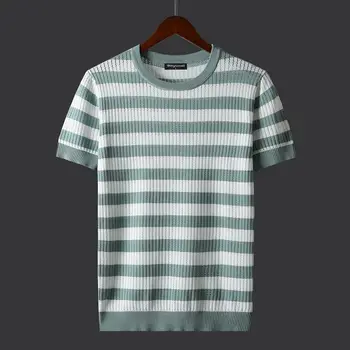2021 Naujas Vasaros Vyrų Mados Dryžuotas Ledo Šilko marškinėliai Vyrams, Atsitiktinis Apvalios Kaklo Tees Vyrų Slim Fit trumpomis Rankovėmis T-shirt Viršūnes B79