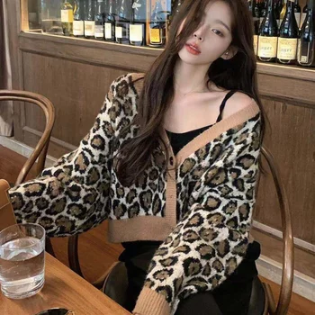 2021 Naujų Korėjos Mados Leopard Susagstomi Megztiniai Moterims Derlius V-Kaklo, Ilgomis Rankovėmis Megztinis Rudenį, Žiemą Streetwear Ponios Trikotažas