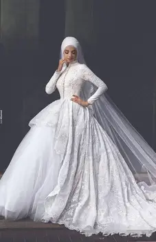 2021 Puošnus Nėrinių Musulmonų Vestuvių Suknelės Valymo Traukinio Aukšto Kaklo, ilgomis Rankovėmis, Vestuvinės Suknelės pagal Užsakymą
