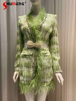 2022 m. Rudens Žiemos Naujas Mados Elegantiškas Gręžimo Grandinės Plunksnų Sujungimas Suknelė Moterų Madinga Šviesos Prabangus Diržas Virš Kelio Suknelė