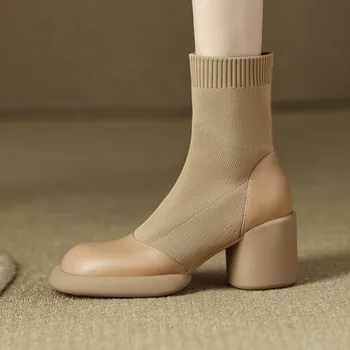 Abrikosų Platforma Moterų Kojinės Batai Ruožas Mezgimo Trumpas Rudenį Botas 7cm Stambusis Aukšti Kulniukai Botines Femininos Zapatos Mujer