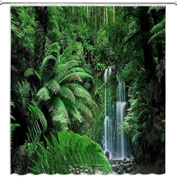 Atogrąžų žali Lapai Didelis Krioklys Dušo Užuolaidos Augalų Miško Upelis, Medžiai, Lapai Uolų Modelis Vonios Užuolaidos Kabliukai