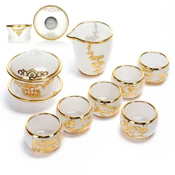 Aukso Inkrustacijos su Stiklo Kung Fu Arbatos Sidabro Padengtą Padengti Teacup Ąsotis Pilnas Komplektas Jade Porceliano Dovanų Dėžutėje