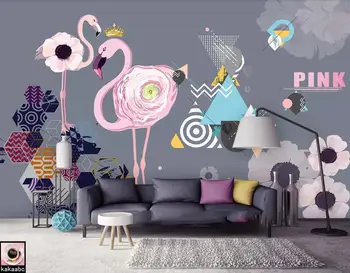 Bacal Užsakymą 3D sienų tapetai, cartoon Šiaurės paprastas pink flamingo geometrinis grafika, TV foną, sienos, namo apdailos