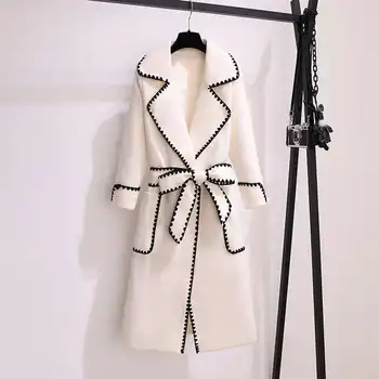 Baltoji Moteris Vilnos Paltai Žiemos Naujas 2021 Turn-Žemyn Apykaklės Diržo Slim Kelio Ilgis Elegantiškas Office Lady Outwear Viršūnės