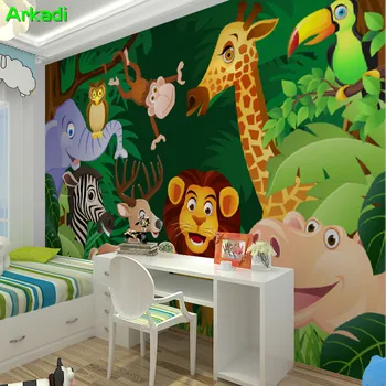 Cartoon vaikų kambario mielas gyvūnų berniukas vaiko kambarys freskos žalia miško kambarį miegamojo lovos foną