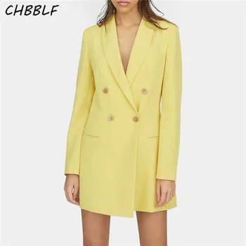 CHBBLF moterų elegantiškas geltonas švarkas kišenės dvigubo breasted ilgomis rankovėmis office nešioti paltą moteris kasdieniai viršutiniai drabužiai elegantiškos viršų XDL2247