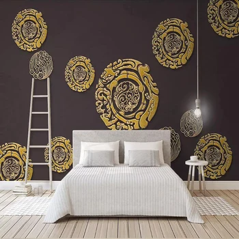 Dekoratyvinės tapetų 3d retro golden dragon modelis, ratu geometrija debesų fone sienos popieriaus