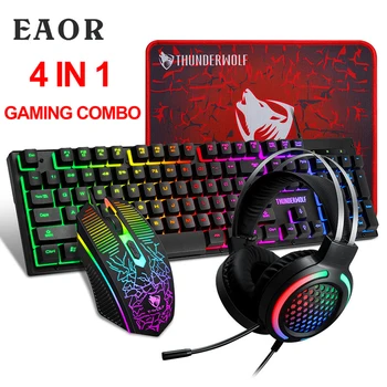 EAOR 4pcs Žaidimas Klaviatūra + Pelė + laisvų Rankų įranga + Mouse Pad Nustatyti, 2400DPI RGB Šviesos Laidinio Žaidimų Klaviatūra, Pelė Combo PC Gamer