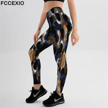 FCCEXIO Meno Spalvinga 3D Spausdinimo Moterų Aukšto Juosmens Leggins Nauja Fitneso Kelnės Slim Minkštas Ruožas Antblauzdžiai Paleisti Kelnės