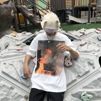Gatvėje ugnis miško marškinėliai trumpomis rankovėmis negabaritinių prarasti dizaino hip-hop high street viršų tee TEES