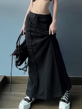 HOUZHOU Streetwear Y2k Ilgas Sijonas Moterų Mados Atsitiktinis Black Lace-up Aukšto Juosmens Kratinys Seksualus Plonas Megztas Maxi Sijonas Gotikos