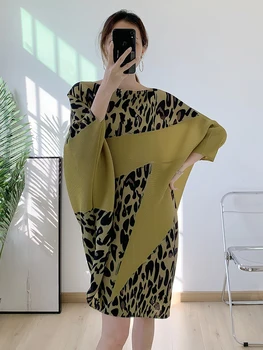 Kalenmos Leopard Nereguliarus Plisuotos Suknelė Moterims Apvalios Kaklo Prarasti Spausdinimo Batwing Rankovėmis Suknelės Moterų 2022 m. rudenį Naujų vestidos