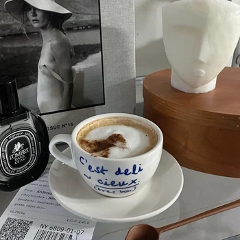 Korėjos Stiliaus Nišą Kavos Puodelis Parduotuvė Paprasta Juoda Raidė Keramikos Puodelis Ir Lėkštelė Nustatyti Prancūzijos Retro Romantiškas Kavos Puodelio Pieno