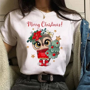 Linksmų Kalėdų Moterų marškinėliai Mielas Animacinių filmų Pelėda Grafinis Atspausdintas Viršūnes Trumpas Rankovės marškinėliai Balti, Tinkamas Visais metų laikais Tshirts