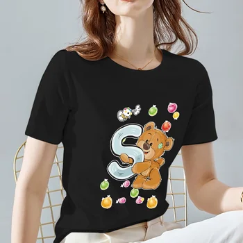Mados Laisvalaikio marškinėliai moteriški Drabužiai Pagrindinio Stiliaus Priemiestinių Laišką Bear S Pradinis Pavadinimas spausdintą Modelio O Kaklo Juodas Minkštas Viršų