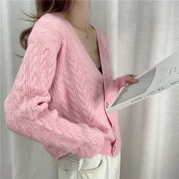 Megzti megztinis megztinis moterų nauja vientisa spalva V-Kaklo, ilgomis rankovėmis temperamentas kailis rudenį ir žiemą 2021