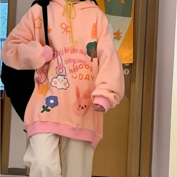 Moterys, Negabaritinių Hoodie Kawaii Japonija Stiliaus Rožinė Grafiti Palaidinukė su Gaubtu Rudenį 2021 korėjos Mielas Drabužių Minkštas Mergina Hoodies