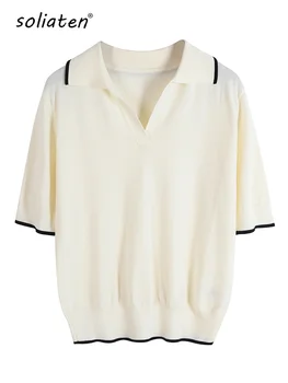 Moterų V-kaklo Turn-žemyn Apykaklės marškinėliai Kontrasto Spalvų Viršų Office Lady Vasaros Pagrindinio Elegantiškas Marškinėlius Tees B-036