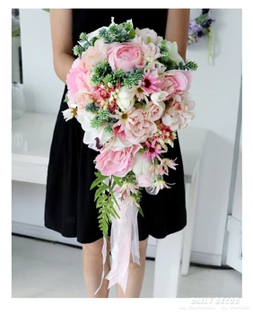 Naujų Dirbtinių rožių gėlių vestuvių nuotakos puokštė Ašaros Nuotaka Vestuvių Nėrinių Akcentai, Vestuvių Puokštės Bruidsboeket Waterval rožinė