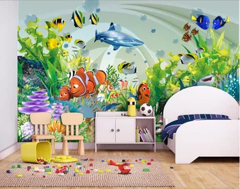 Pasirinktinius nuotraukų 3d tapetai kambario freskos Animacinių filmų koralų jūros pasaulyje žuvų apdailos dažymo 3d sienų freskomis tapetai, sienų ir 3 d