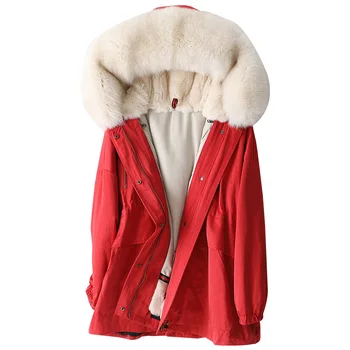 Prabanga Žiemos Parko Paltai Fox Fur Bliuzono Rex Triušio Pamušalas Moterų Striukė Šiltų viršutinių drabužių siuvimas LF2104