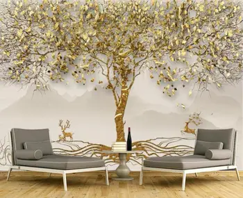 Pritaikyti 3D tapetai, freskos aukso lapų, miško briedis kraštovaizdžio TV foną, sienų apdaila dažymas