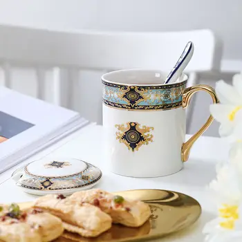 Royal Europos Puodelis prabangus Aukso rankena Su šaukštu padengti Išskirtinį dovana office Popietės arbata keramikinis puodelis kavos
