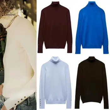rudenį ir žiemą pagrindinius modelius temperamentas slim minkštos tekstūros metalo mygtuką aukšto kaklo megztinis ruožas dugno marškinėliai