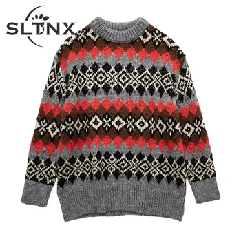 SLTNX Moterų Mados Puloveriai Storas Šiltas Geometrinis Modelis Laisvi Megztiniai Megztinis, Vintage O Kaklo, ilgomis Rankovėmis Moteriška Elegancija Viršūnės