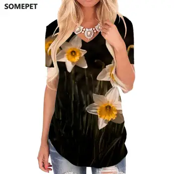 SOMEPET Gamtos T-shirt moterims Gėlės V-kaklo Marškinėlius Augalų T-shirts 3d Kraštovaizdžio Shirt Spausdinti Moteriški Drabužiai Hip-hop Kietas Stilius