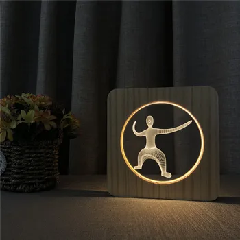Sporto Žmogaus Figūra 3D LED Arylic Mediniai Naktį Lempos Lentelė Šviesos Jungiklis Kontrolės Drožyba Lempos Vaikų Kambario Papuošti