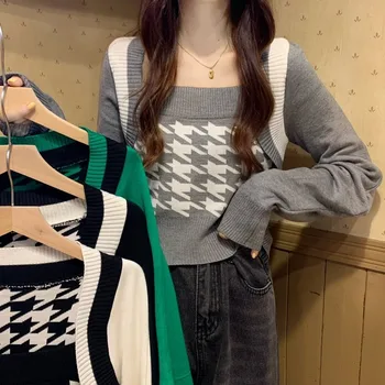 Sukurta temperamentas kvadratinių kaklo houndstooth susiuvimo netikrą dviejų dalių ilgomis rankovėmis džemperis moterims
