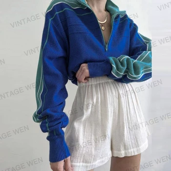 Vintage Blue Džemperis Moterims Prarasti Mados Ilgomis Rankovėmis Su Užtrauktuku Stovėti Apykaklės, Megztiniai Kontrasto Spalvų Kratinys Dryžuotas Megztiniai