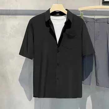 Vyriški trumpi rankovėmis marškinėliai, vientisos spalvos raukšlių atsparus marškinėliai, madinga, atsitiktinis, purus, su kišenėmis ir mygtukai, vasarą viršų