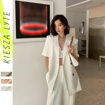švarkas moterims, Satino vasaros 2023 atsitiktinis minimalistinio ponios trumpas rankoves kostiumas, švarkeliai office lady sportiniai švarkai (bleizeriai) plonu sluoksniu viršutinių drabužių siuvimas
