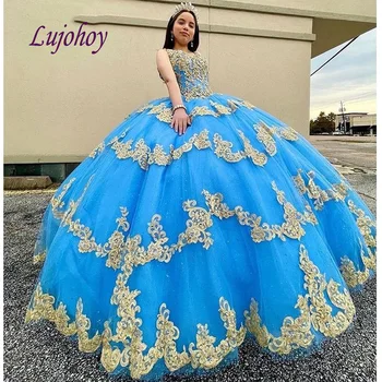 Šviesiai Mėlynos spalvos Nėrinių Quinceanera Suknelės Kamuolys Suknelė Plius Dydis Maskuotis Meksikos 15 metų amžiaus Šešiolika Princesė Saldus 16 Prom Dress